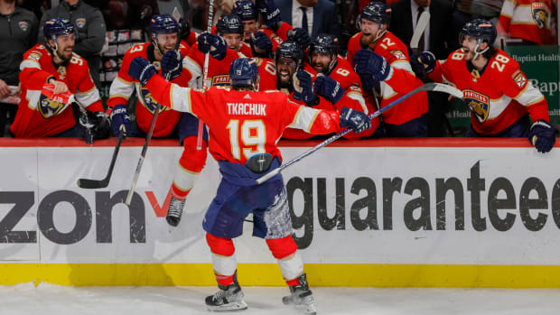 Matthew Tkachuk celebrates after his game-winning goal